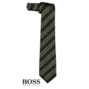 Hugo Boss 100% Silk Tie Black Gray Diagonal Stripe Made in Italy